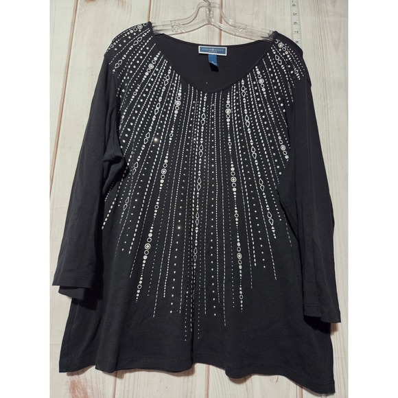 KAREN SCOTT Woman 1x Rhinestone Embellished V Neck Long Sleeve Top Whimsigoth - Picture 1 of 5